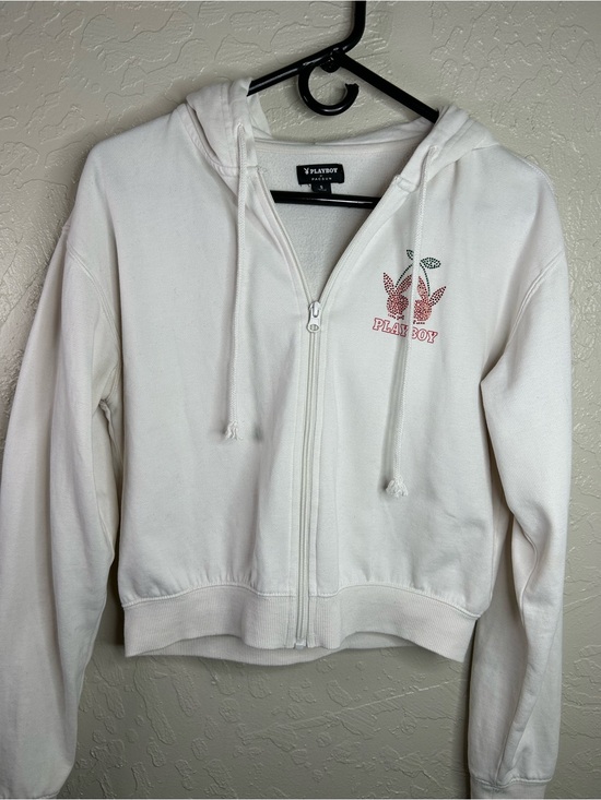 PLAYBOY Sweaters - Playboy x PacSun White Cherry Rhinestone Zip-Up Hoodie Size S